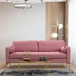 Canapés En Tissu|CHIBA Canapé 3 places velours rose avec coussins polochons