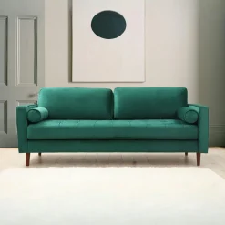 Canapés En Tissu|CHIBA Canapé 3 places velours vert avec coussins polochons