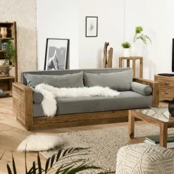 Univers Déco·Scandinave Hygge|Univers Déco·Maison De Campagne|DENVER Canapé convertible en bois recyclé coussins taupe