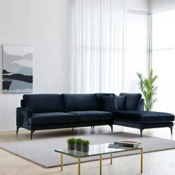 Canapés 3 Places|Canapés D'Angle|SEATTLE Canapé d'angle bleu nuit en velours - côté droit