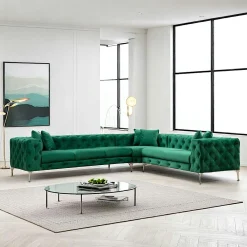 Canapés En Tissu|Canapés 3 Places|DOVER Canapé d'angle vert en velours capitonné - côté droit