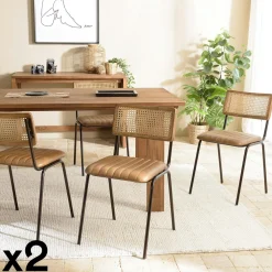 Chaises Capitonnées|Chaises En Rotin|TIM Chaise assise cuir havane dossier rotin (lot de 2)