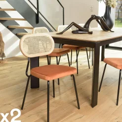 Chaises En Bois|Chaises Contemporaines|PALMA Chaise assise velours orange dossier rotin (lot de 2)