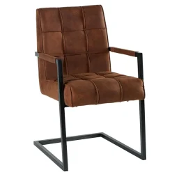 Chaises Scandinaves|Chaises Avec Accoudoirs|KERALA Chaise avec accoudoirs en tissu marron havane capitonné quadrillé et pieds métal 55x65x90cm