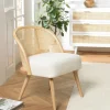 Chaises En Bois|Chaises En Rotin|TIM Chaise basse bois clair tissu blanc bouclé et rotin