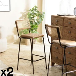 Meubles De Cuisine·Chaises|Chaises En Bois|TIM Chaise bois et cannage assise cuir havane (lot de 2)