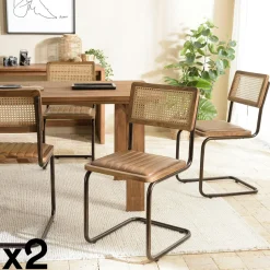 Chaises Capitonnées|Chaises Contemporaines|TIM Chaise cuir et rotin havane pied luge (lot de 2)