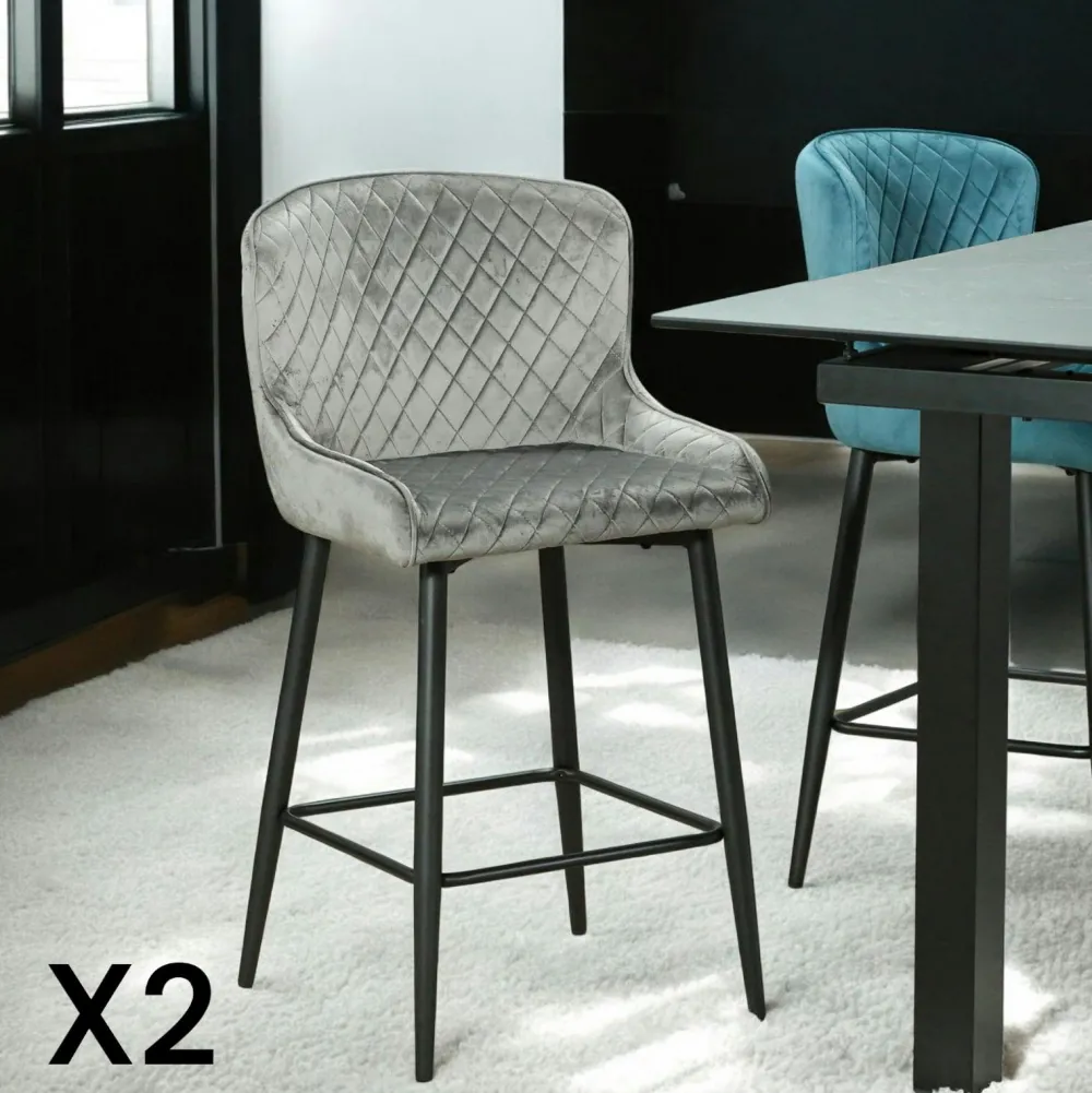 Tabourets De Bar En Velours|ARLINGTON Chaise de bar en velours gris (lot de 2)