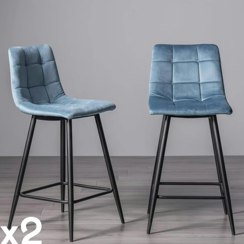 Tabourets De Bar En Velours|ALTA Chaise de bar en velours bleu motif carreaux (lot de 2)