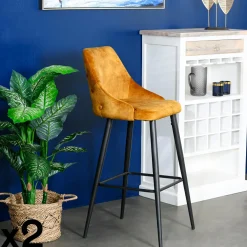 Tabourets De Bar En Velours|MALMOE Chaise de bar velours bleu pétrole (lot de 2)