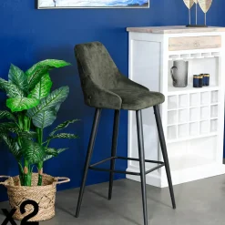 Tabourets De Bar En Velours|MALMOE Chaise de bar velours vert kaki (lot de 2)