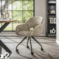 Chaises Avec Accoudoirs|Chaises Contemporaines|CREEK Chaise de bureau à roulettes en tissu sable chiné (lot de 2)