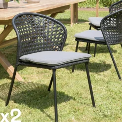 Chaises De Jardin|GIJON Chaise de jardin rotin synthétique noir avec coussin gris (lot de 2)
