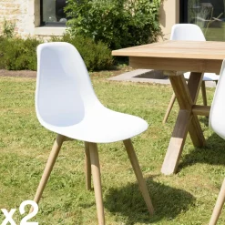 Chaises De Jardin|GIJON Chaise de jardin style scandinave assise blanche pieds couleur naturelle (lot de 2)