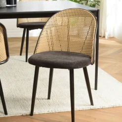 Chaises En Rotin|Chaises Contemporaines|LOANO Chaise design dossier cannage arrondi assise velours noir (lot de 2)