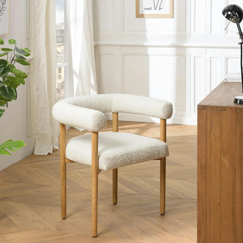 Chaises Avec Accoudoirs|Chaises Bouclettes|TIM Chaise dossier arrondi tissu bouclette blanc