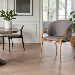 Chaises En Bois|Chaises Contemporaines| Chaise en cuir gris foncé dos rond accoudoirs bois brun ALDER