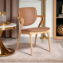 Meubles De Cuisine·Chaises|Chaises En Bois| Chaise en cuir marron, accoudoirs bois clair ALDER