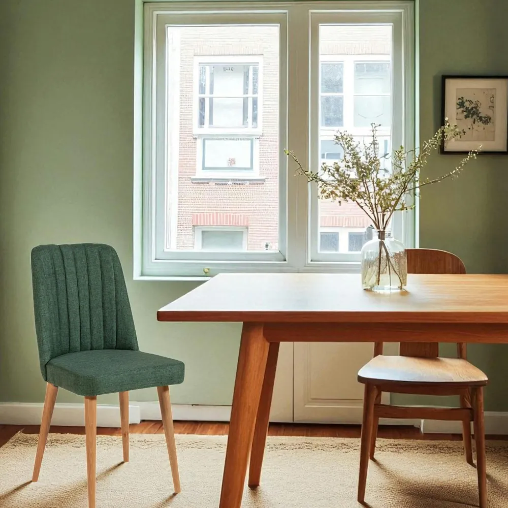 Chaises En Bois|Chaises Capitonnées|ROSARIO Chaise en lin vert - dossier rainuré et pieds bois