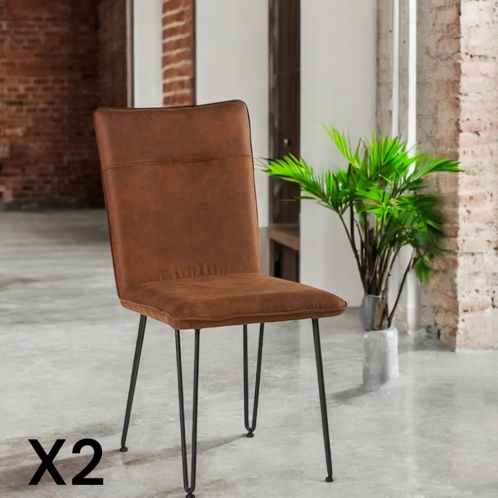 Chaises Scandinaves|Chaises Capitonnées|KERALA Chaise en tissu marron havane et pieds métal en épingle (lot de 2)