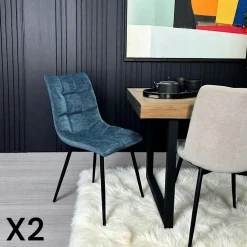 Chaises Velours|Chaises Contemporaines|PALERME Chaise en velours bleu motif damier (lot de 2)