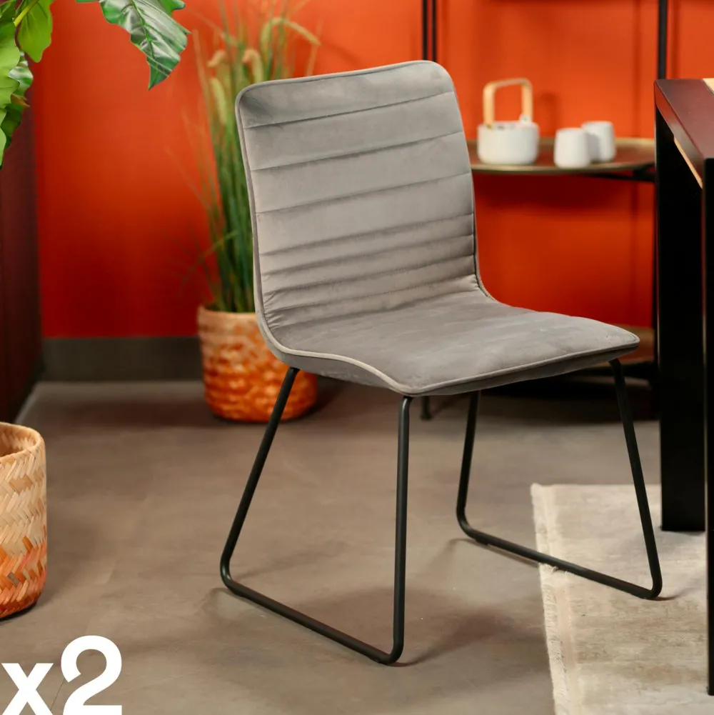 Chaises Capitonnées|Chaises Velours|BURGOS Chaise grise motif ligne (lot de 2)