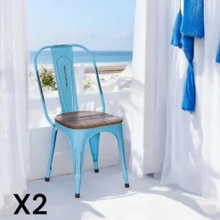 Chaises Industrielles|Meubles De Cuisine·Chaises|LEEDS Chaise industrielle métal bleu bois recyclé (lot de 2)