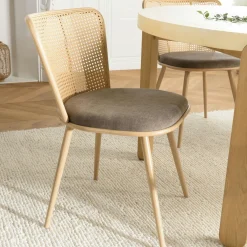 Chaises En Rotin|Chaises Contemporaines|LOANO Chaise moderne dossier rotin assise velours taupe (lot de 2)