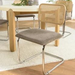 Chaises En Rotin|Chaises Contemporaines|LOANO Chaise métal chromé assise velours taupe dossier rotin (lot de 2)