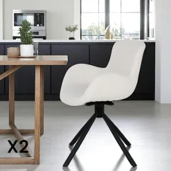 Chaises Contemporaines|Meubles De Cuisine·Chaises|SAVONE Chaise pivotante blanche en tissu bouclette, dossier ouvert (lot de 2)