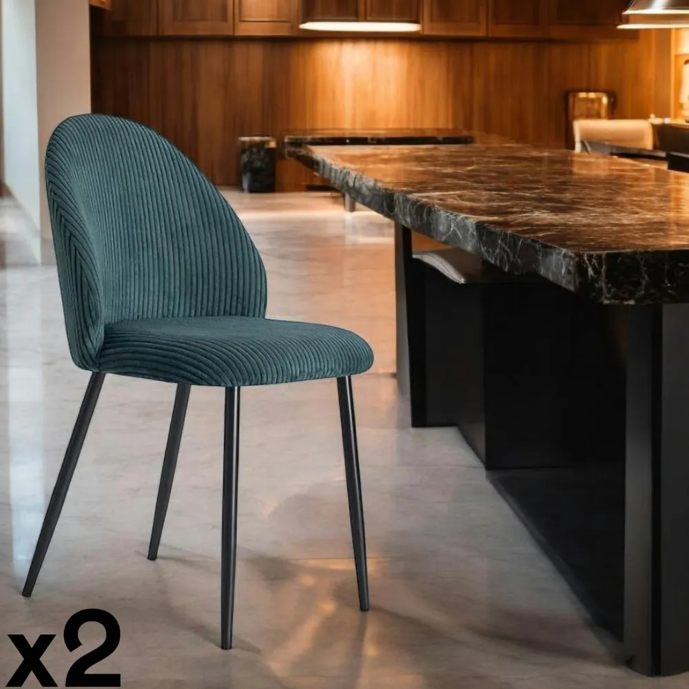 Chaises Capitonnées|Chaises Contemporaines|IENA Chaise velours grosses côtes bleu pétrole (lot de 2)