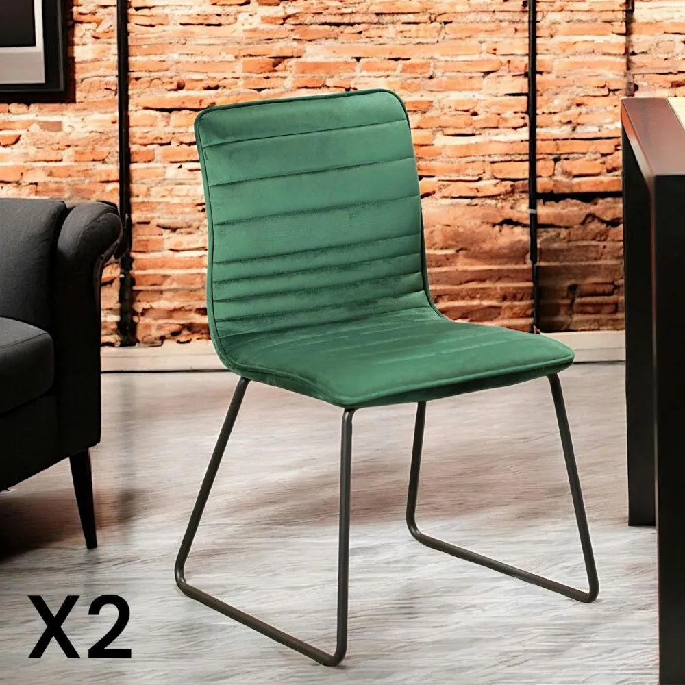 Chaises Capitonnées|Chaises Velours|BURGOS Chaise vert foncé motif ligne (lot de 2)