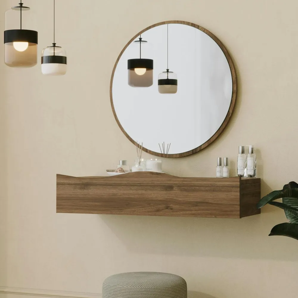 Consoles En Bois|Consoles En Bois|MARFA Coiffeuse murale scandinave avec miroir, 2 tiroirs