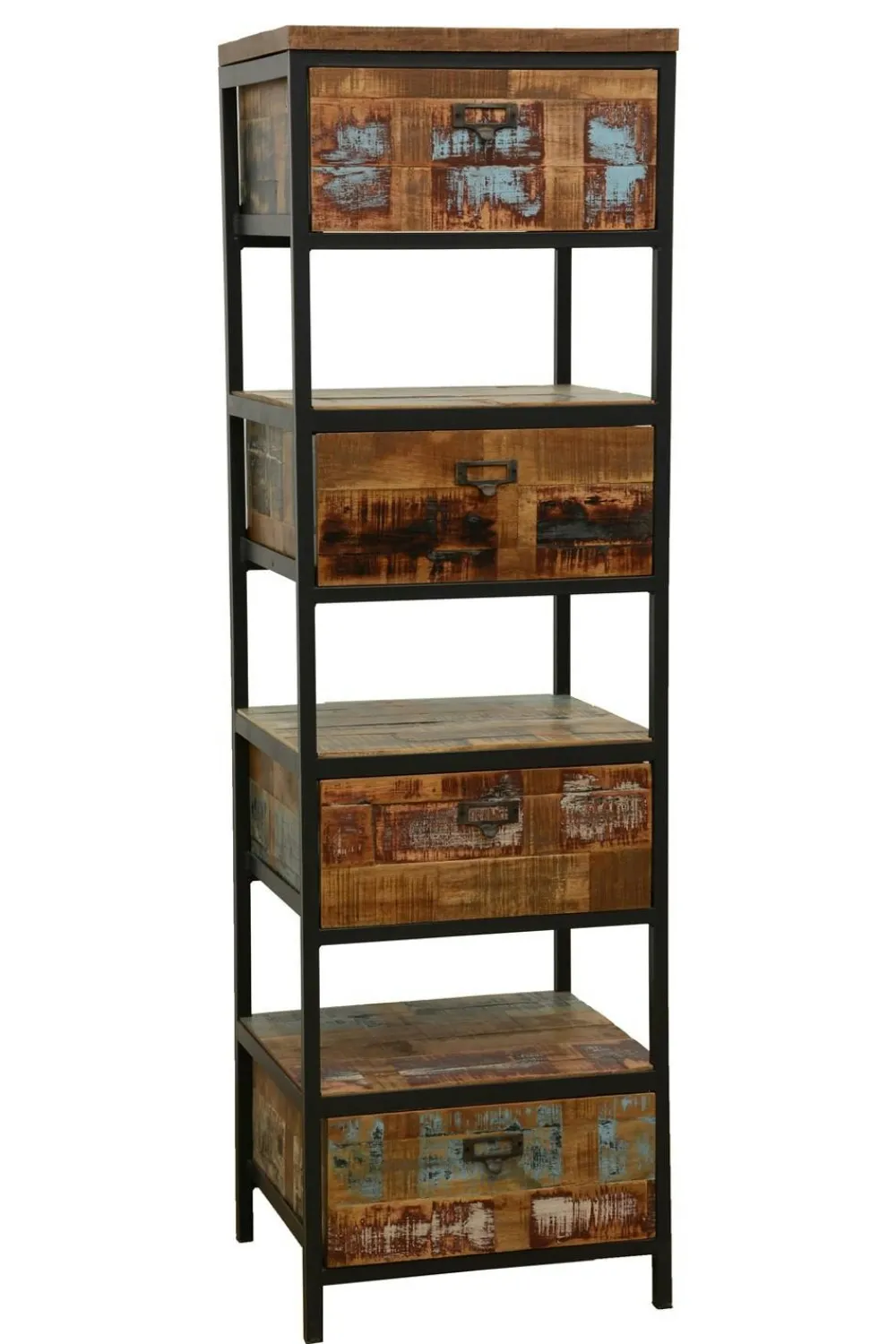 Chiffonnier Industriel|Loft / Loft Colors Colonne 4 tiroirs, 3 niches ouvertes en Hévéa recyclé coloré et métal 45x40x150cm LOFT COLORS