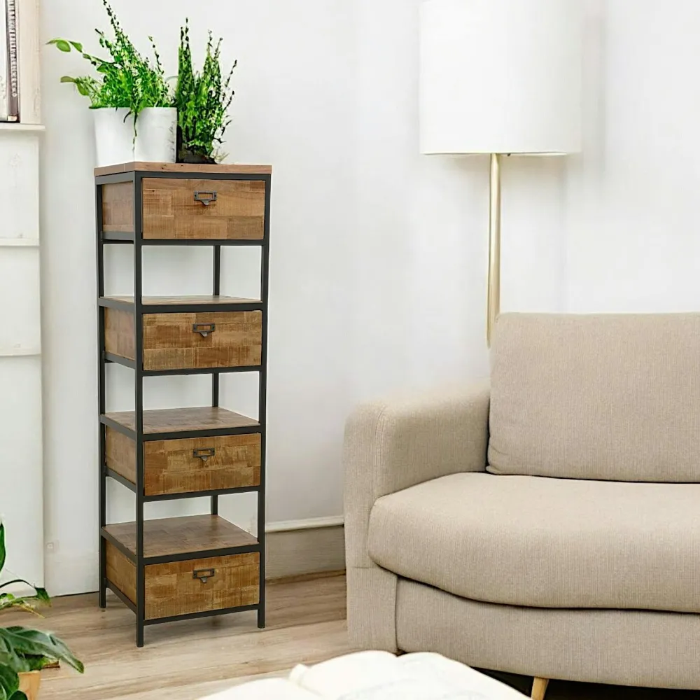 Chiffonnier Industriel|Loft / Loft Colors Colonne 4 tiroirs, 3 niches ouvertes en Hévéa recyclé naturel et métal 45x40x150cm LOFT