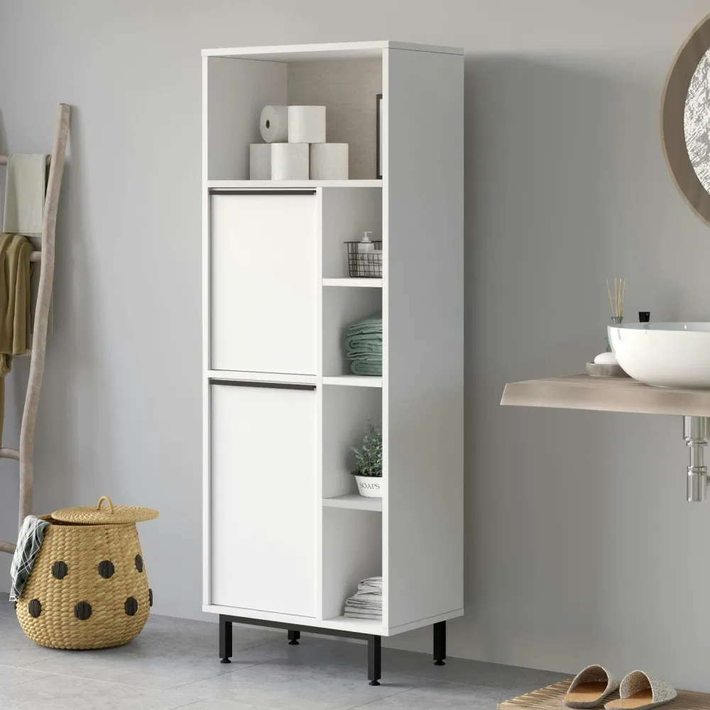 Meubles De Salle De Bains·Rangement Salle De Bains|JENA Colonne salle de bains blanche 2 portes 5 niches