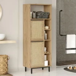 Meubles De Salle De Bains·Rangement Salle De Bains|JENA Colonne salle de bains blanche 2 portes 5 niches