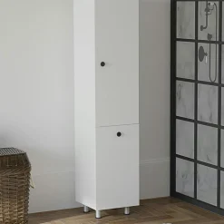 Meubles De Salle De Bains·Rangement Salle De Bains|MARFA Colonne salle de bains effet noyer, porte & panier linge