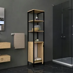 Meubles De Salle De Bains·Rangement Salle De Bains|JENA Colonne salle de bains effet chêne 1 porte 3 étagères