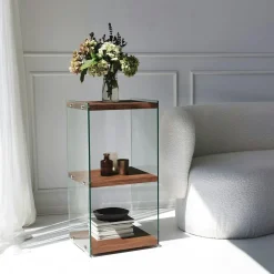 Meubles De Rangement·Petits Meubles De Rangement|LHASA Colonne vitrine design - bois gris foncé, 3 plateaux