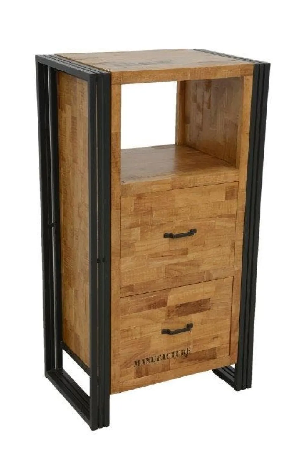 Commodes Industrielles|Commodes En Bois|Docker Commode / Chiffonnier hévéa recyclé naturel et métal noirci 2 tiroirs 1 niche 60X40X110cm