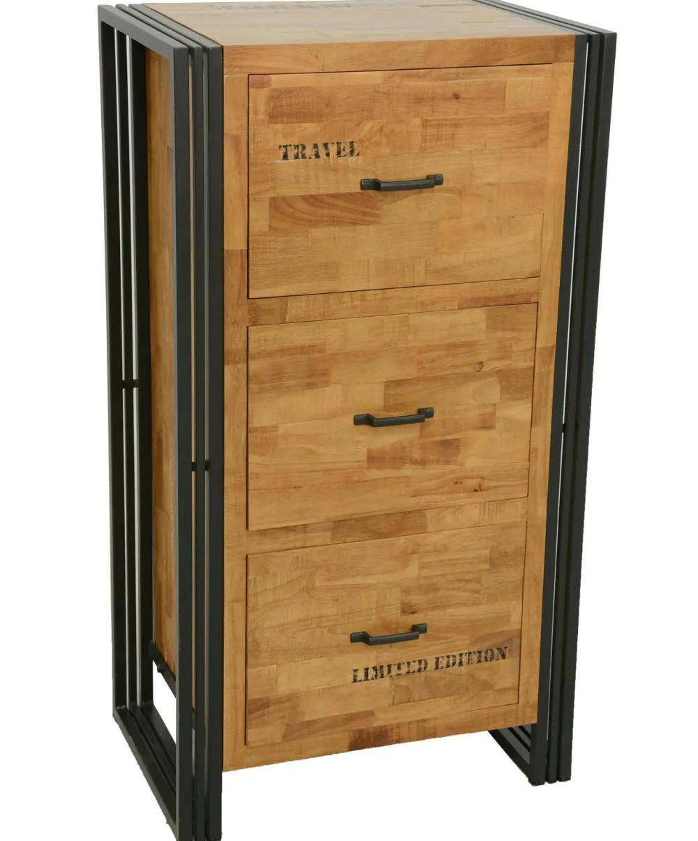 Commodes Industrielles|Commodes En Bois|Docker Commode / Chiffonnier hévéa recyclé naturel et métal noirci 2 tiroirs 1 niche 60X40X110cm