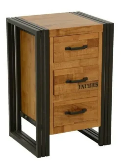 Commodes Industrielles|Commodes En Bois|Docker Commode / Chiffonnier hévéa recyclé naturel et métal noirci 3 tiroirs 40X35X60cm