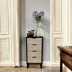 Commodes En Bois| Commode 4 tiroirs bois et métal décor oriental