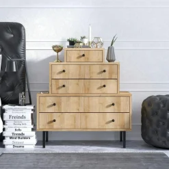 Commodes En Bois|JENA Commode 5 tiroirs effet bois, design en pyramide