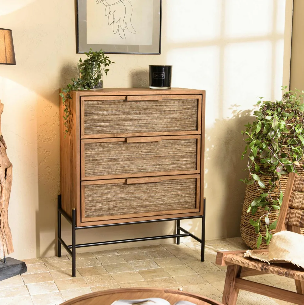 Commodes En Bois|Swing Commode 6 tiroirs en bois recyclé et tressage coco