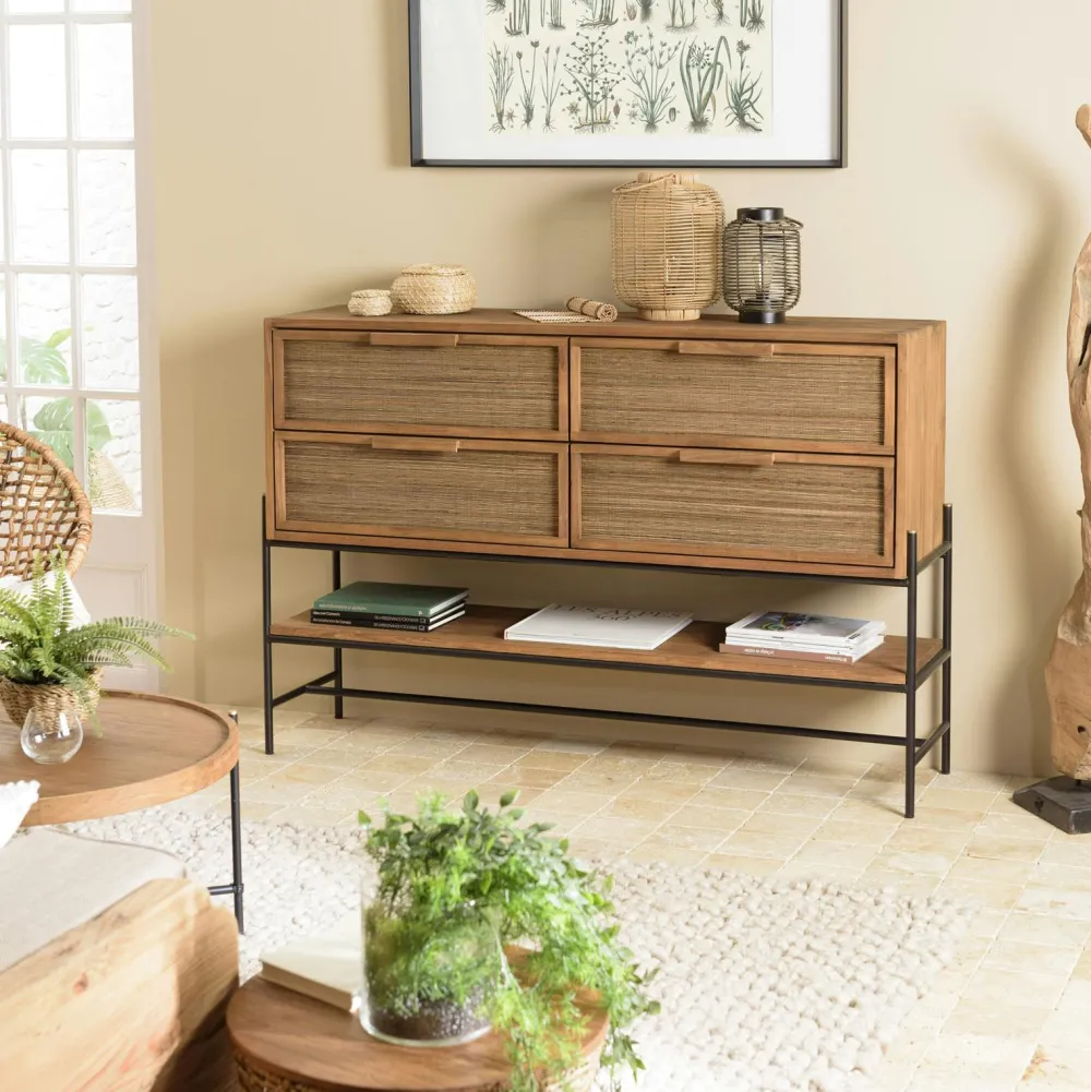 Commodes En Bois|Swing Commode 6 tiroirs en bois recyclé et tressage coco