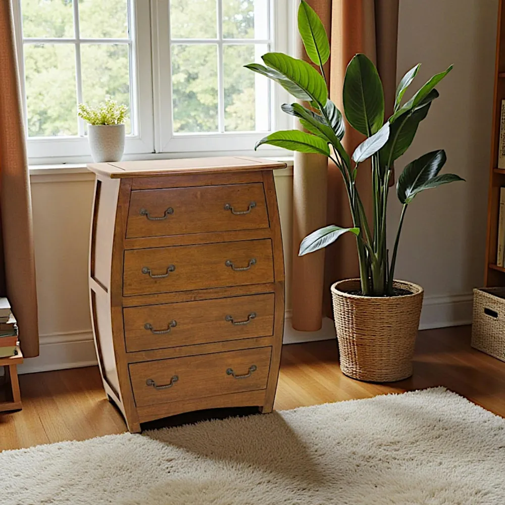 Commodes En Bois|Tradition Commode arrondie 4 tiroirs hévéa