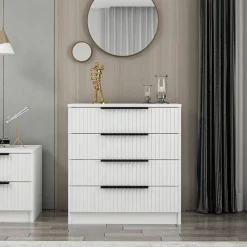 Commodes Blanches|Commodes En Bois|BYRON Commode blanche moderne 4 tiroirs, façade rainurée