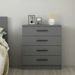 Commodes Blanches|Commodes En Bois|MARFA Commode blanche moderne 4 tiroirs, poignées noires